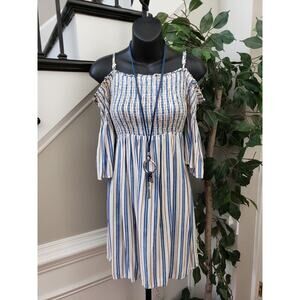 Magnolia Skye Women Multi Striped Smocked Cold Shoulder Sleeve Mini Dress Size S